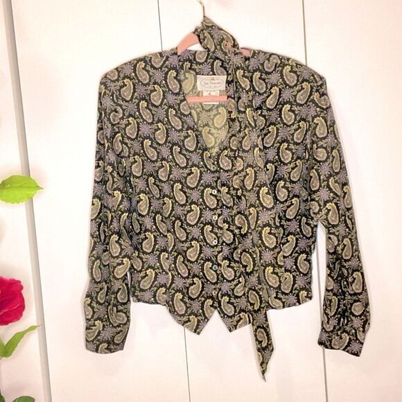 𝅺🌷 San Francisco🌷 100% Silk Paisley Blouse With Attached Scarf - Picture 2 of 6